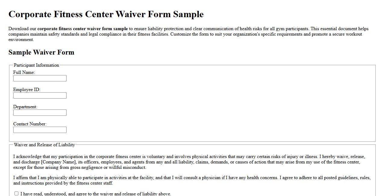 corporate fitness center waiver form sample image preview