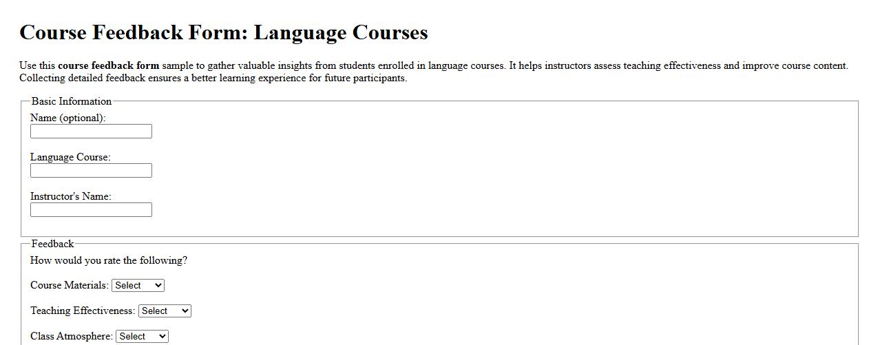 Course feedback form sample for language courses image preview