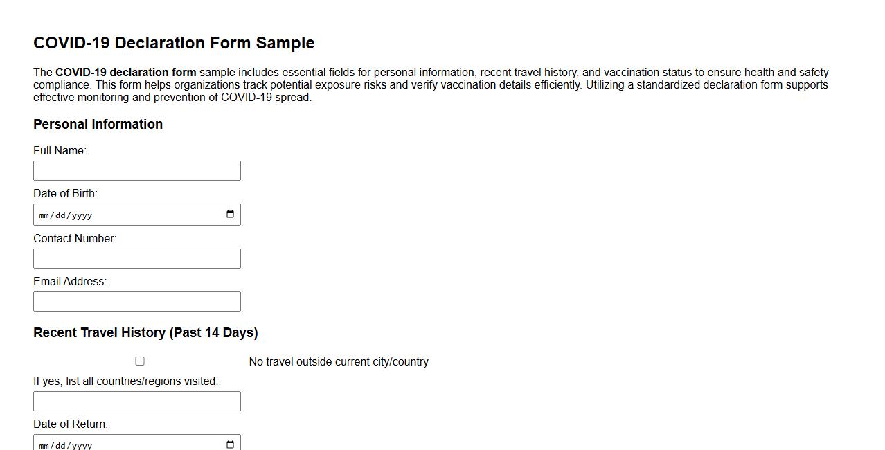 COVID-19 declaration form sample with vaccination status image preview