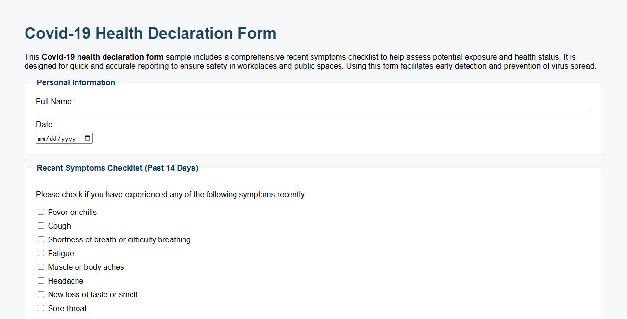 Covid-19 health declaration form sample including recent symptoms checklist image preview