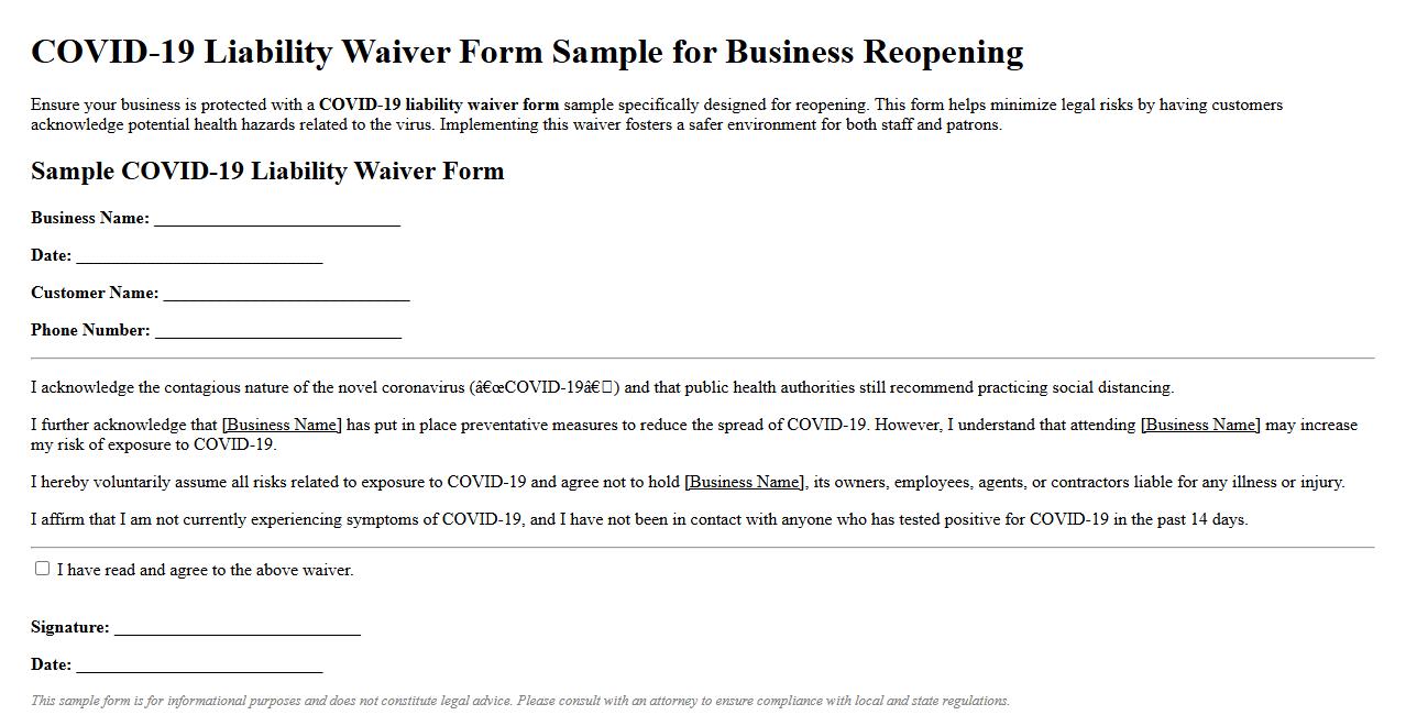 COVID-19 liability waiver form sample for business reopening image preview