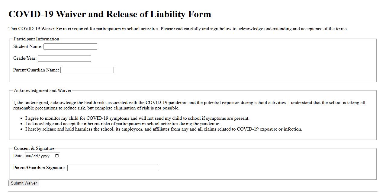 COVID-19 waiver form sample for school activities image preview