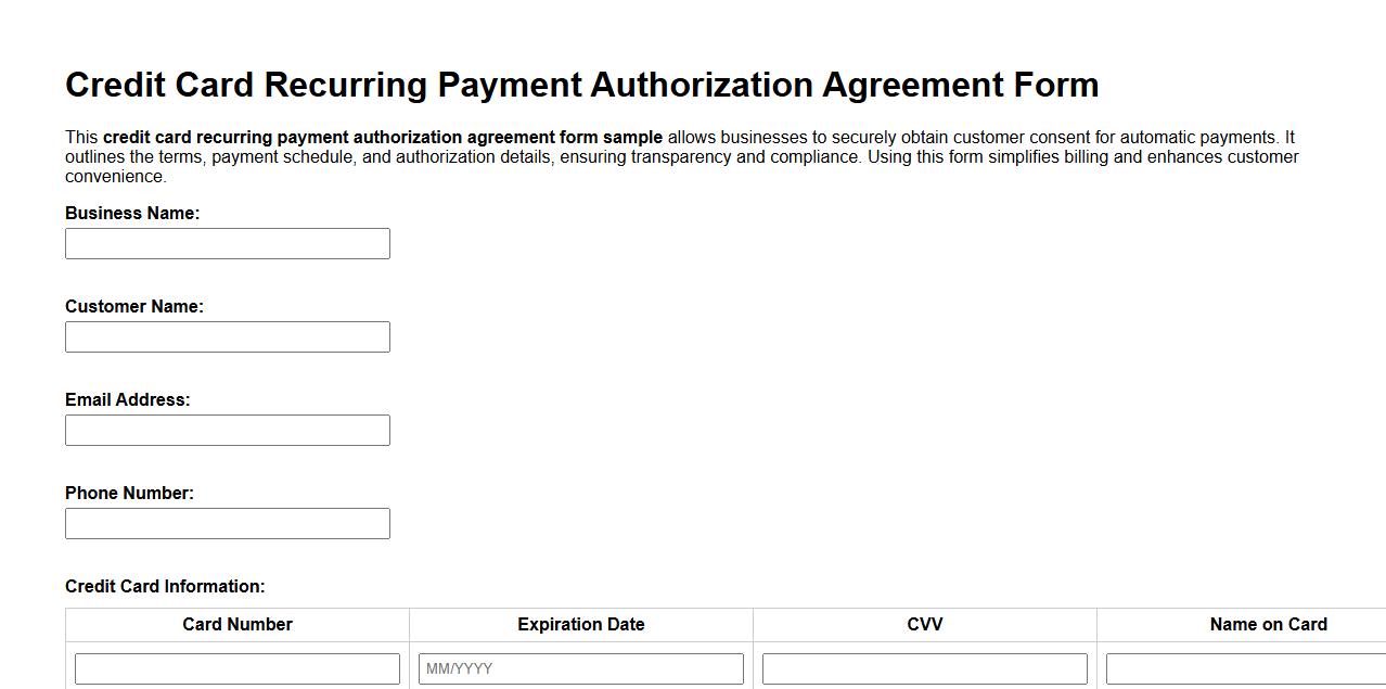 Credit card recurring payment authorization agreement form sample image preview