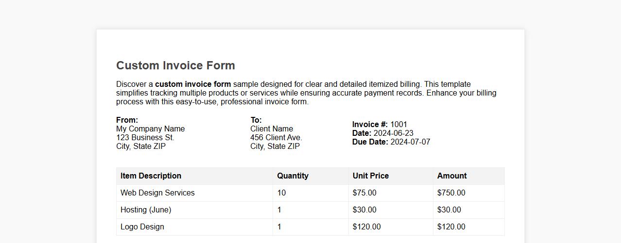 Custom invoice form sample with itemized billing image preview
