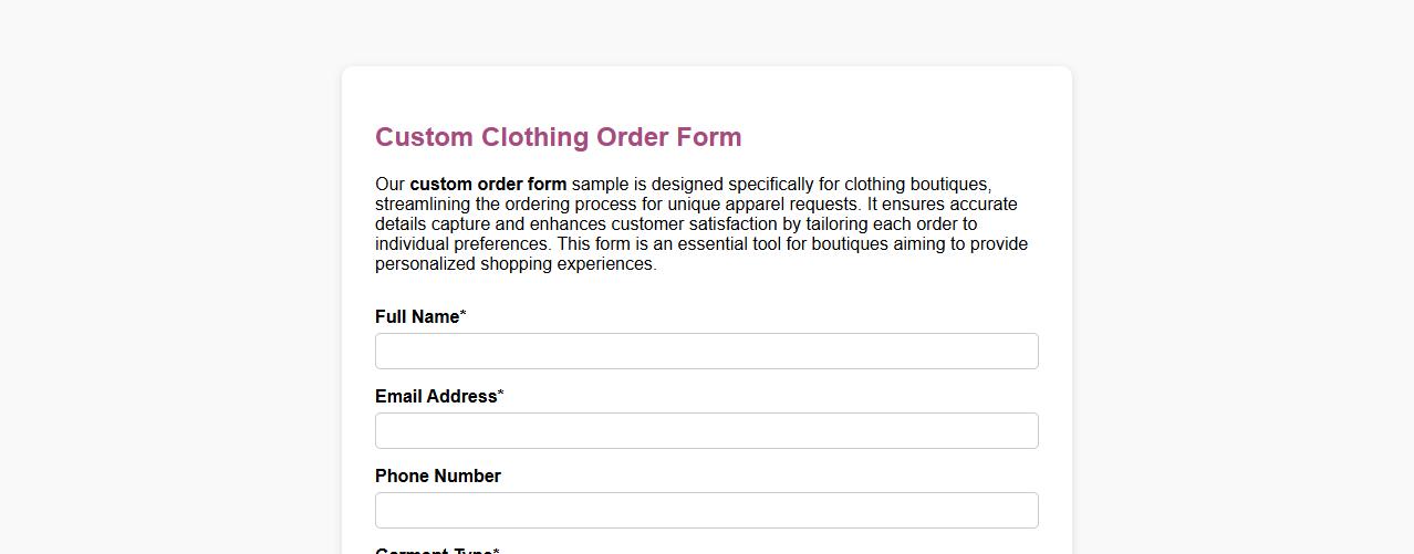 Custom order form sample for clothing boutique image preview