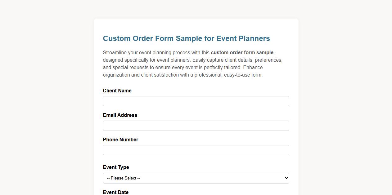 Custom order form sample for event planners image preview