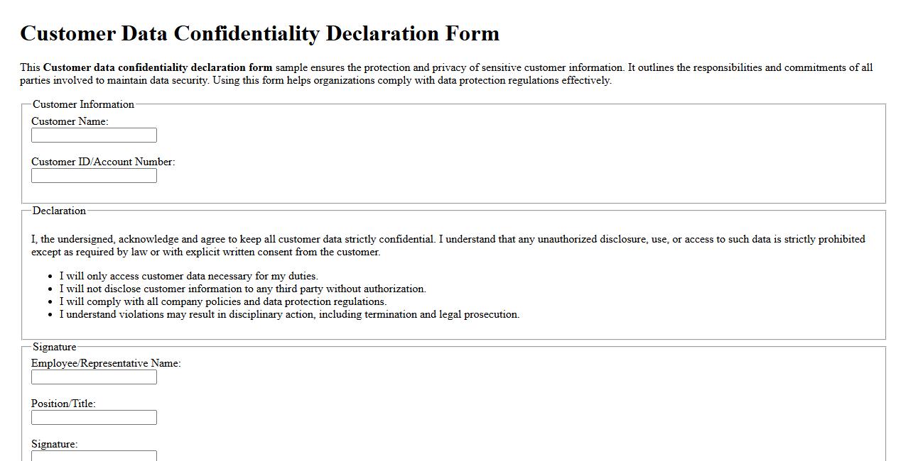 Customer data confidentiality declaration form sample image preview