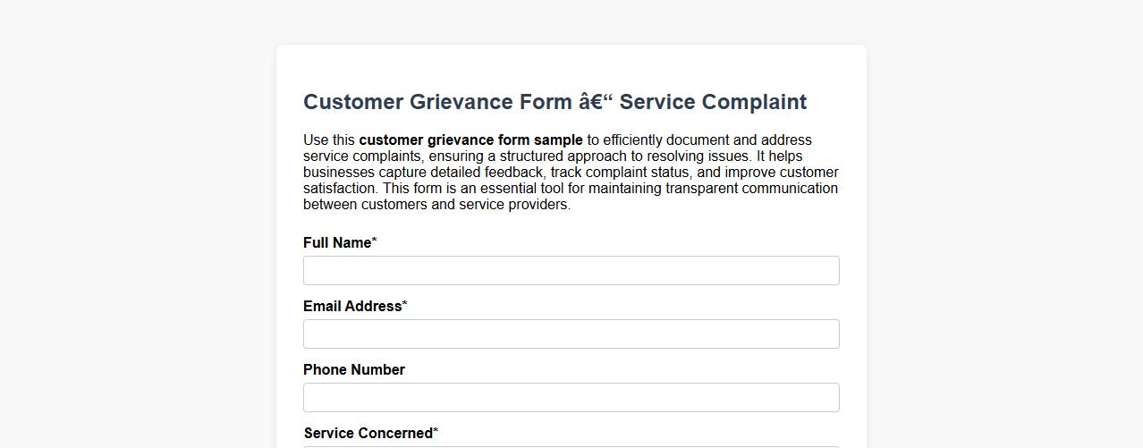 Customer grievance form sample for service complaint image preview