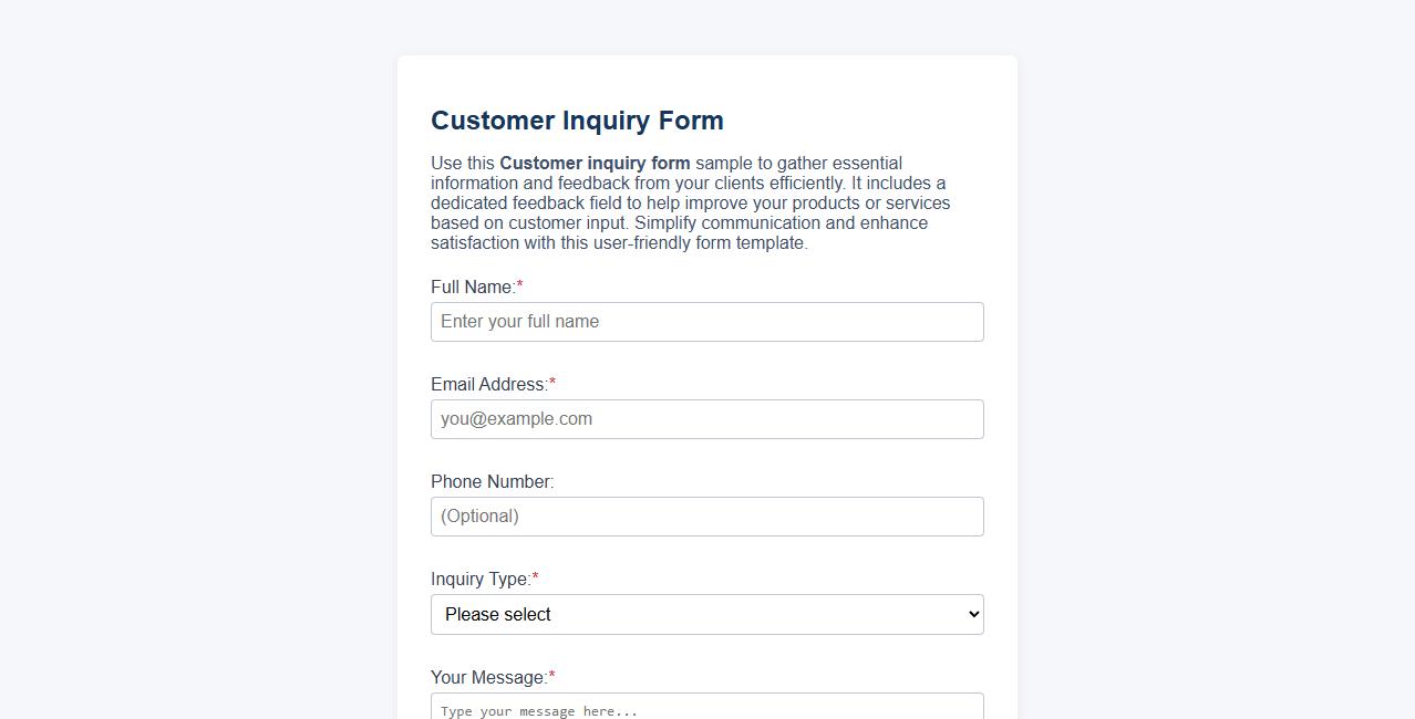 Customer inquiry form sample with feedback field image preview