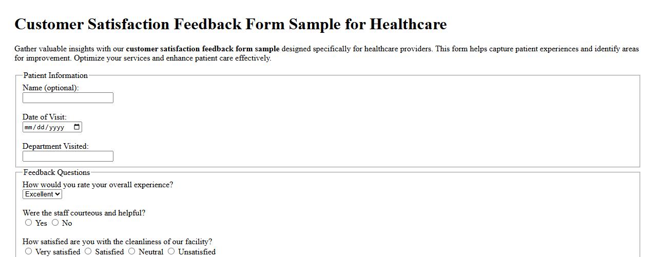 customer satisfaction feedback form sample for healthcare image preview