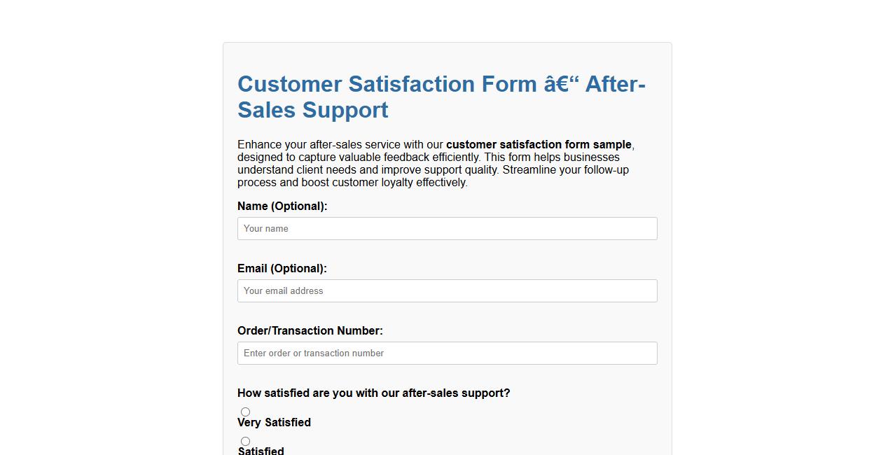 Customer satisfaction form sample for after-sales support image preview
