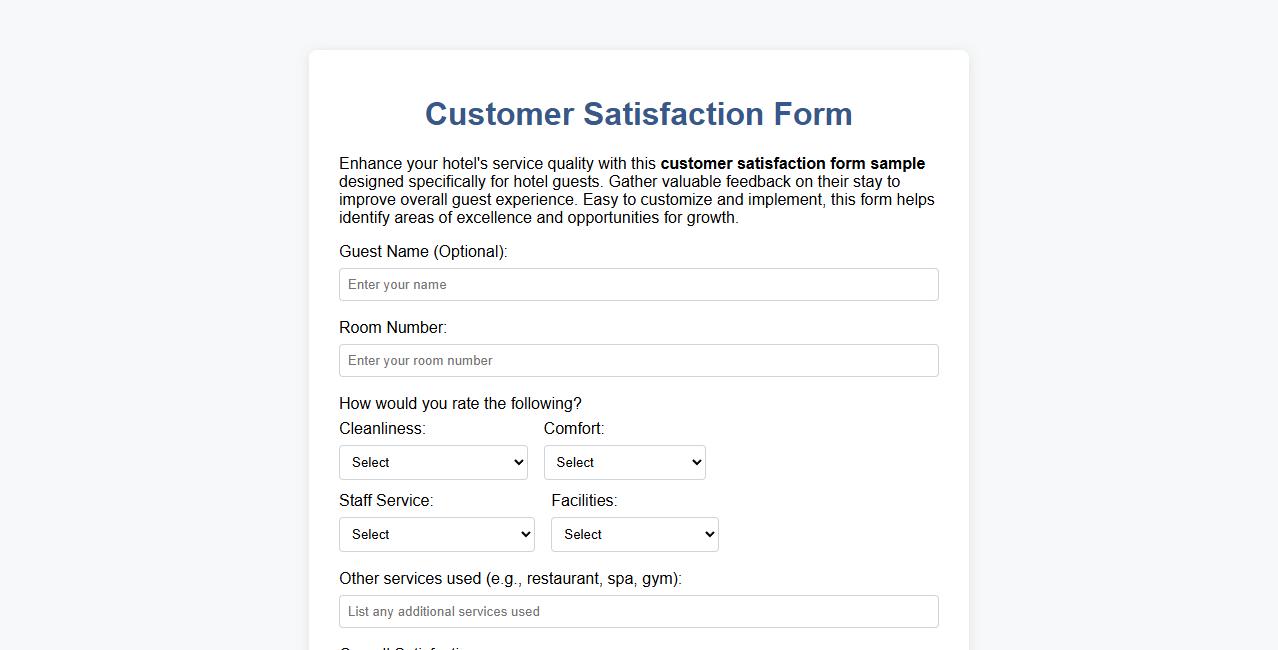 Customer satisfaction form sample for hotel guests image preview