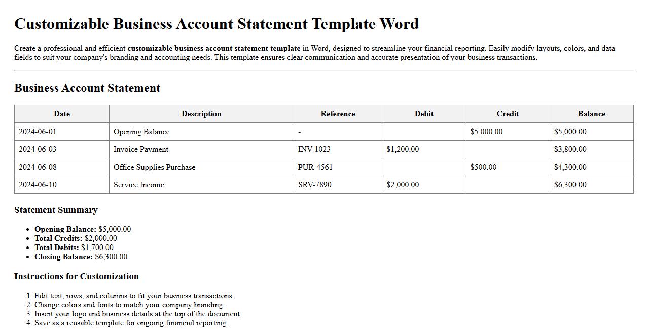 Customizable business account statement template Word image preview
