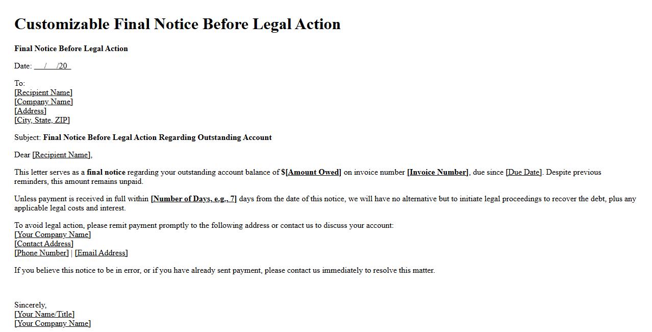 Customizable final notice before legal action form sample Word doc image preview
