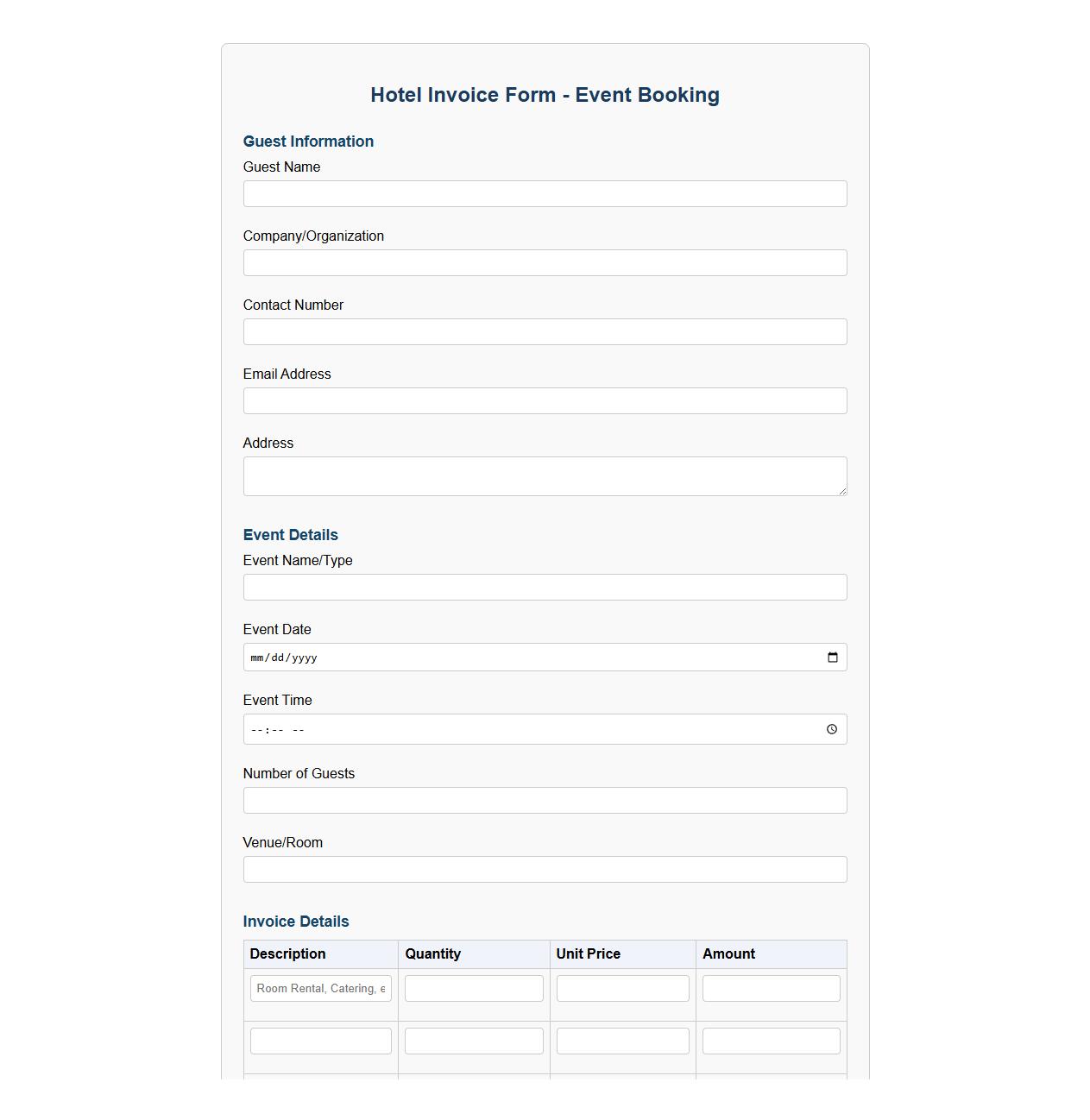 Customizable hotel invoice form sample for events image preview