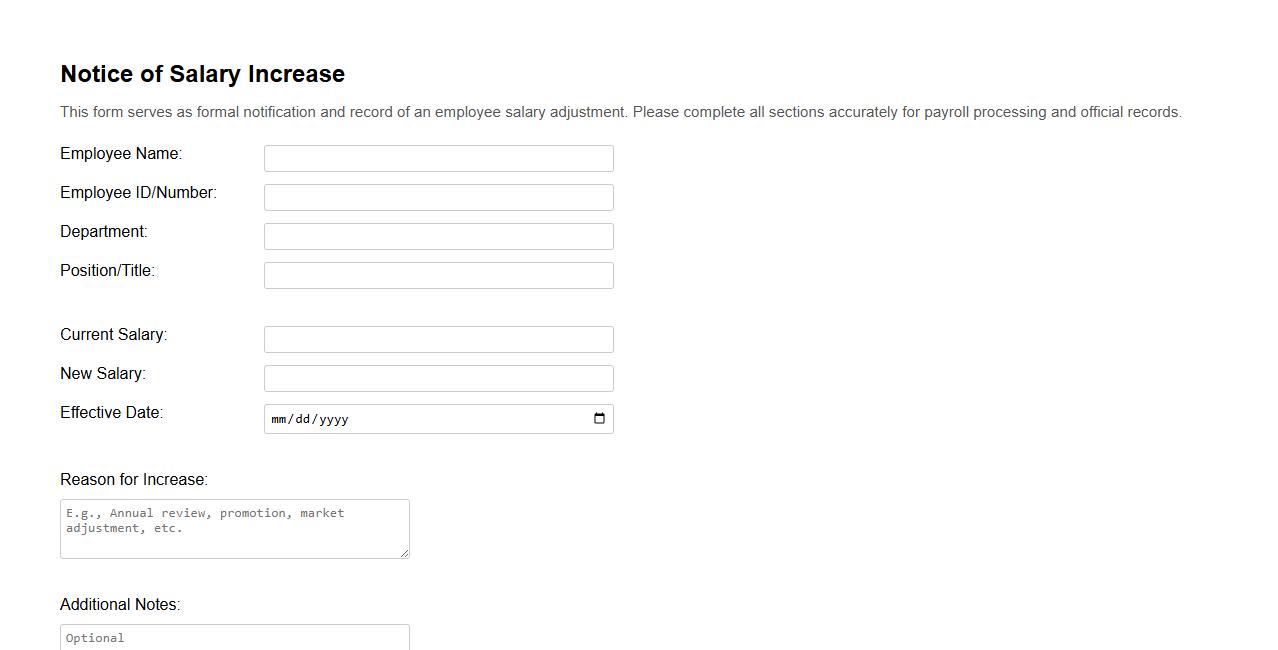 customizable notice of salary increase form sample for payroll department image preview