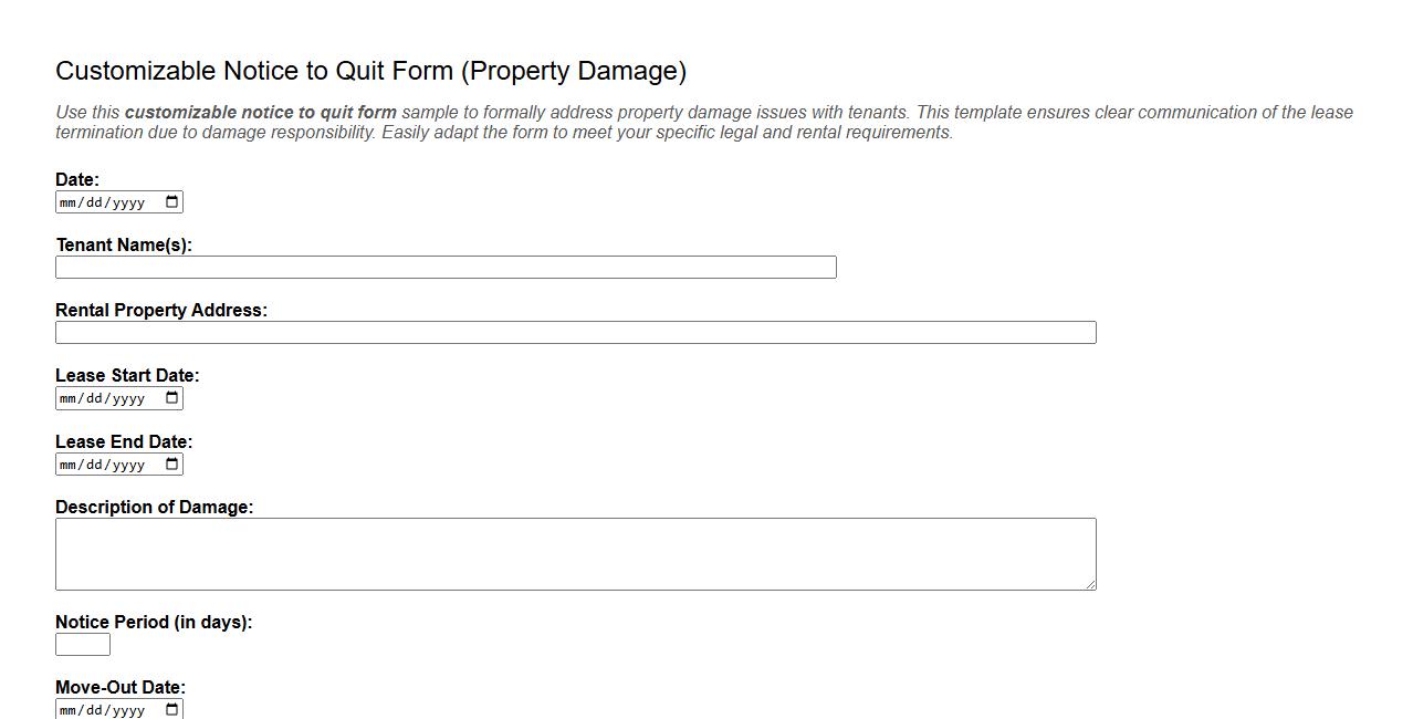 Customizable notice to quit form sample for property damage image preview