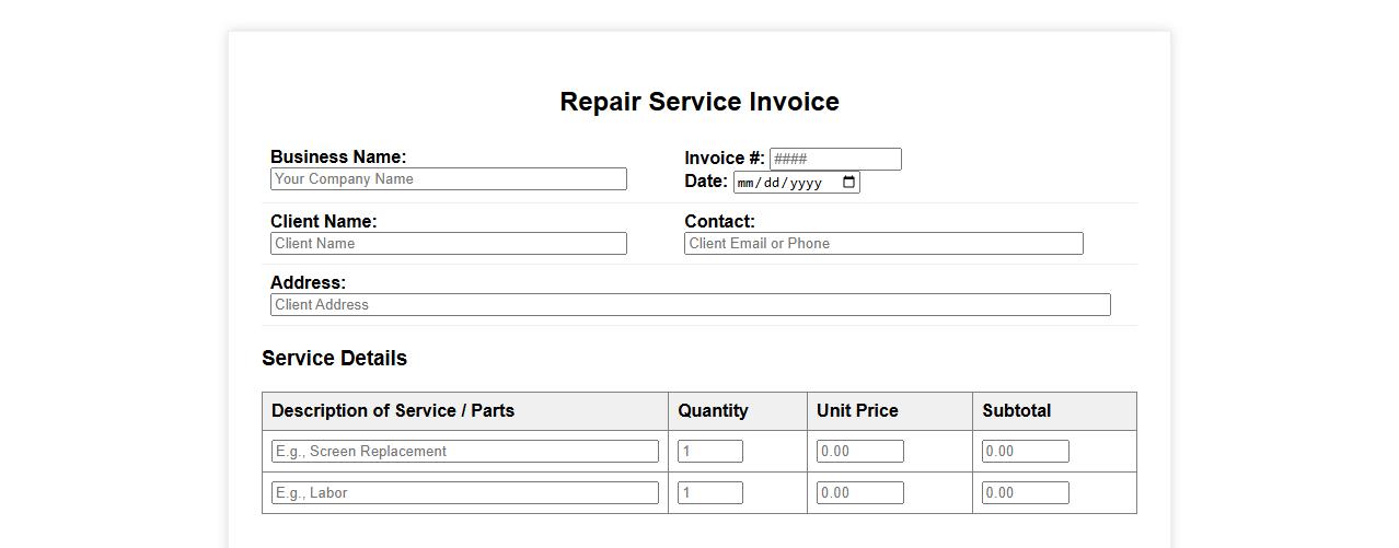 customizable repair service invoice form sample image preview