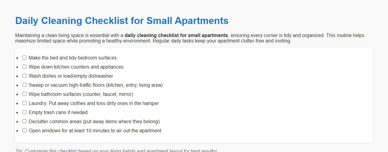 daily cleaning checklist for small apartments image preview
