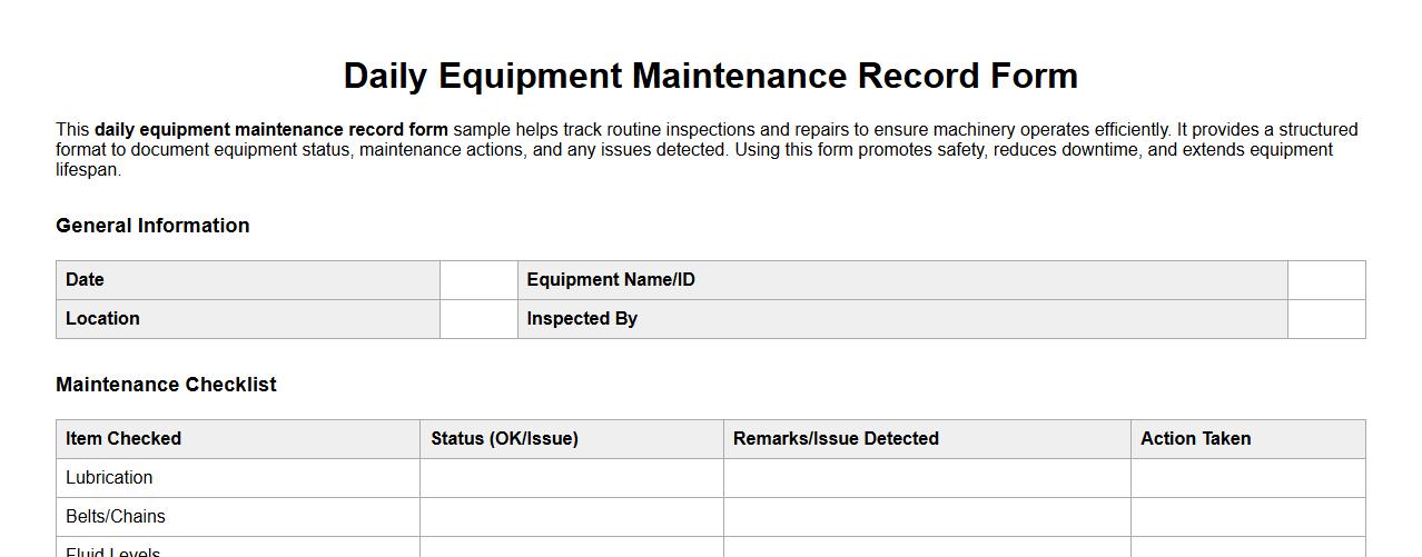 Daily equipment maintenance record form sample image preview