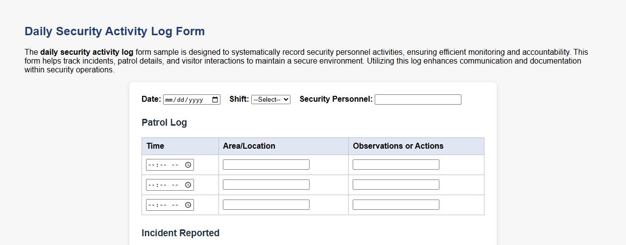 daily security activity log form sample image preview