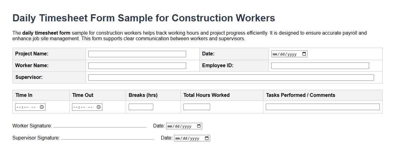 daily timesheet form sample for construction workers image preview