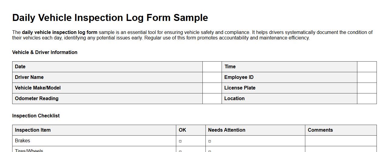 Daily vehicle inspection log form sample image preview
