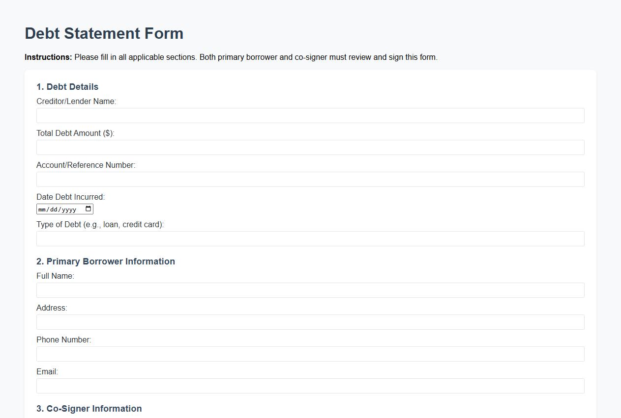 Debt statement form sample with co-signer information image preview