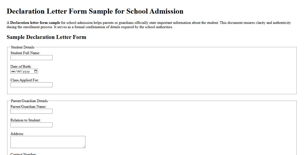 Declaration letter form sample for school admission image preview