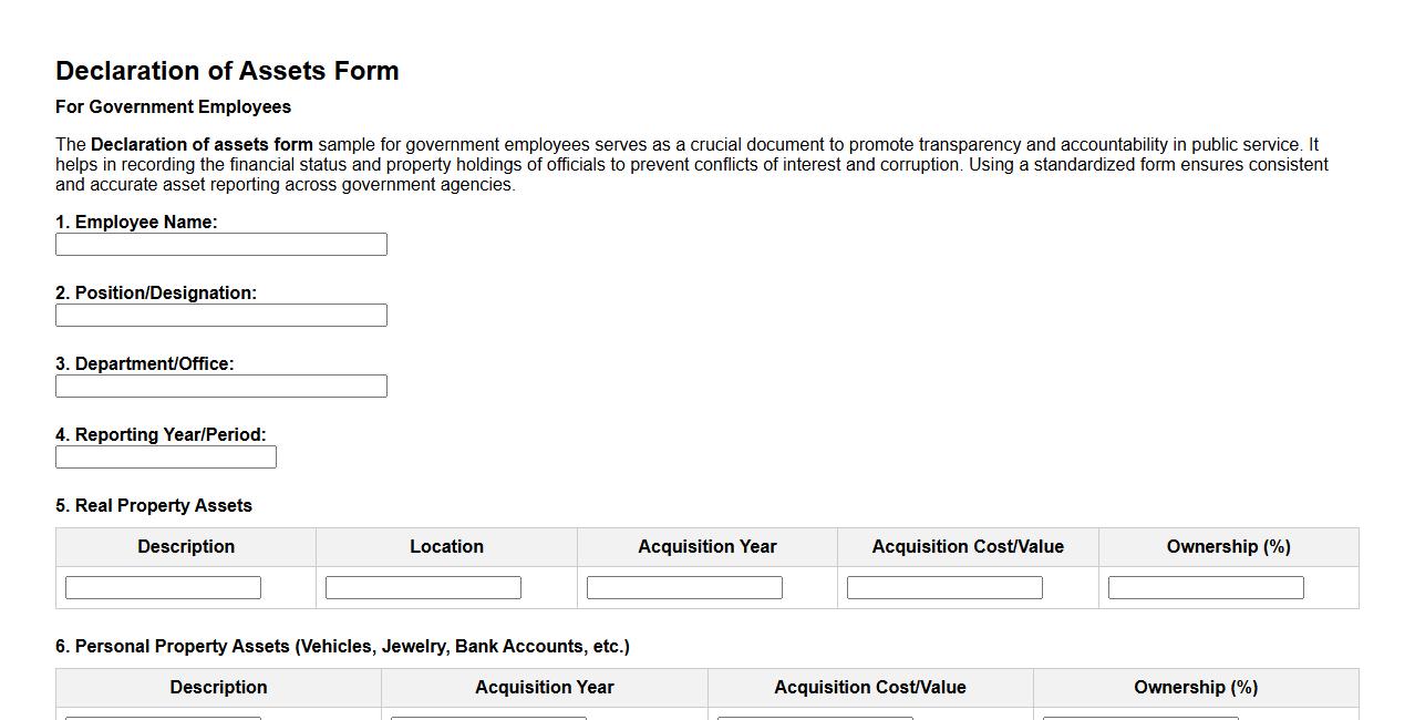 Declaration of assets form sample for government employees image preview
