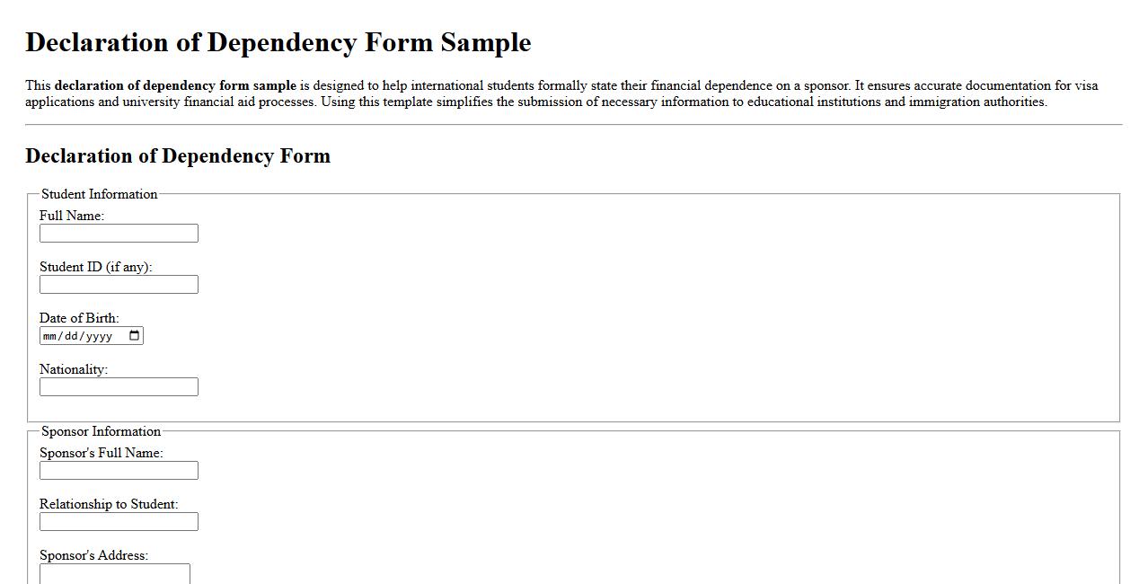 declaration of dependency form sample for international students image preview