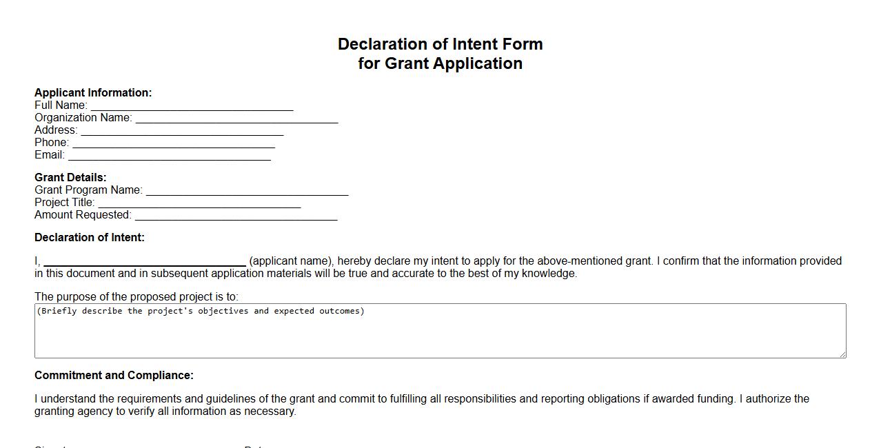 declaration of intent form sample for grant application image preview