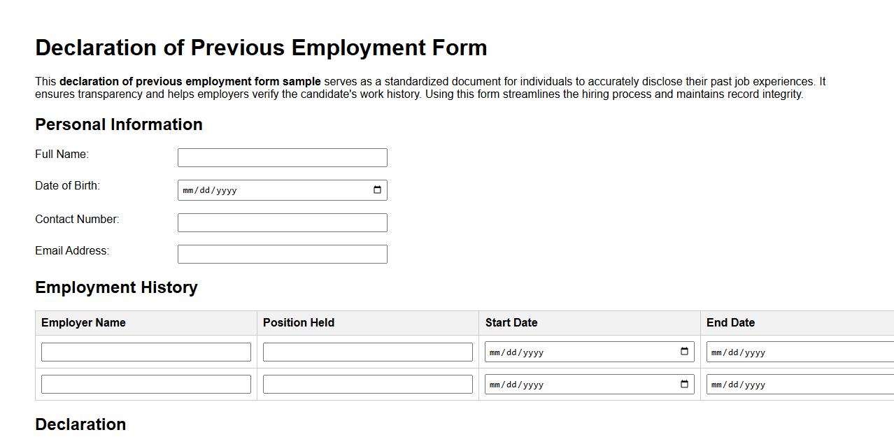 declaration of previous employment form sample image preview