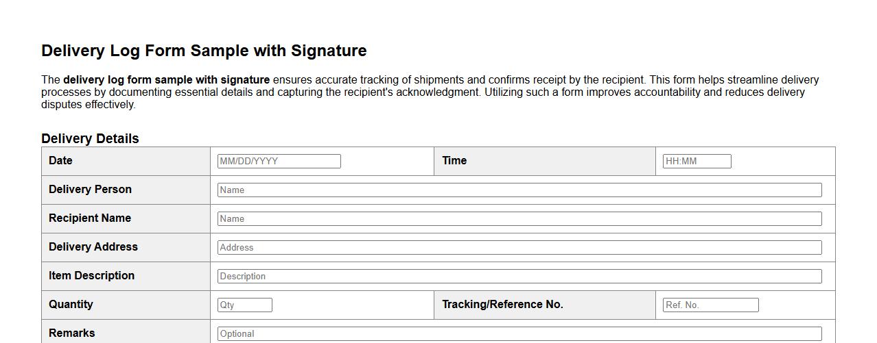 delivery log form sample with signature image preview