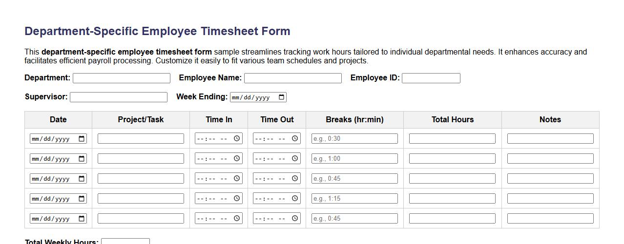Department-specific employee timesheet form sample image preview