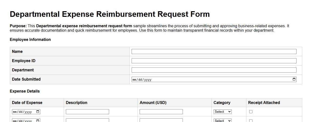 Departmental expense reimbursement request form sample image preview