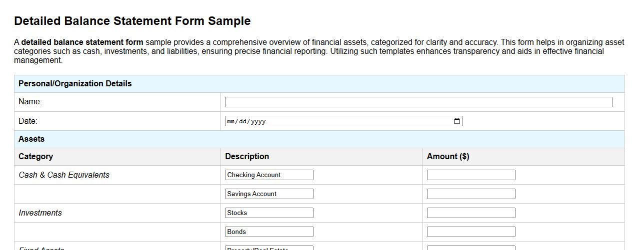detailed balance statement form sample with asset categories image preview