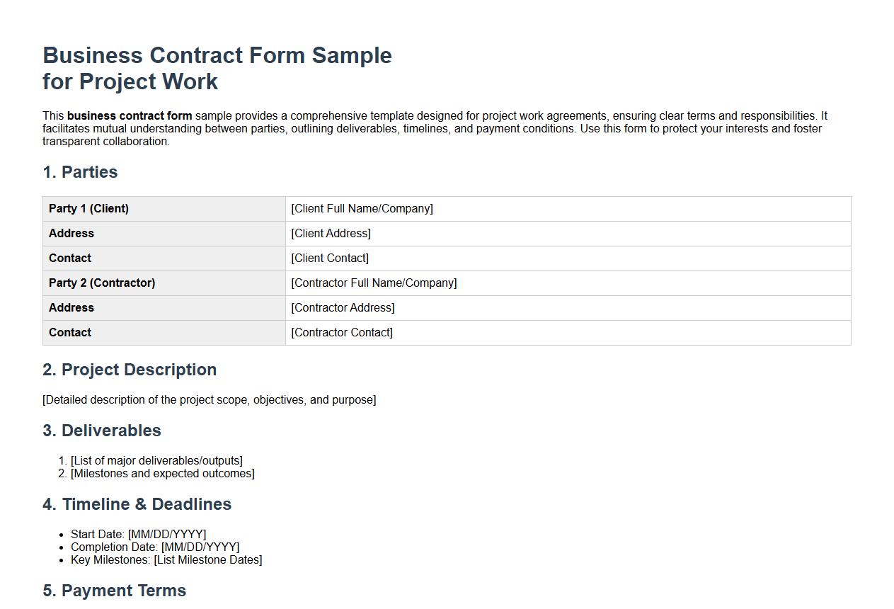 Detailed business contract form sample for project work image preview