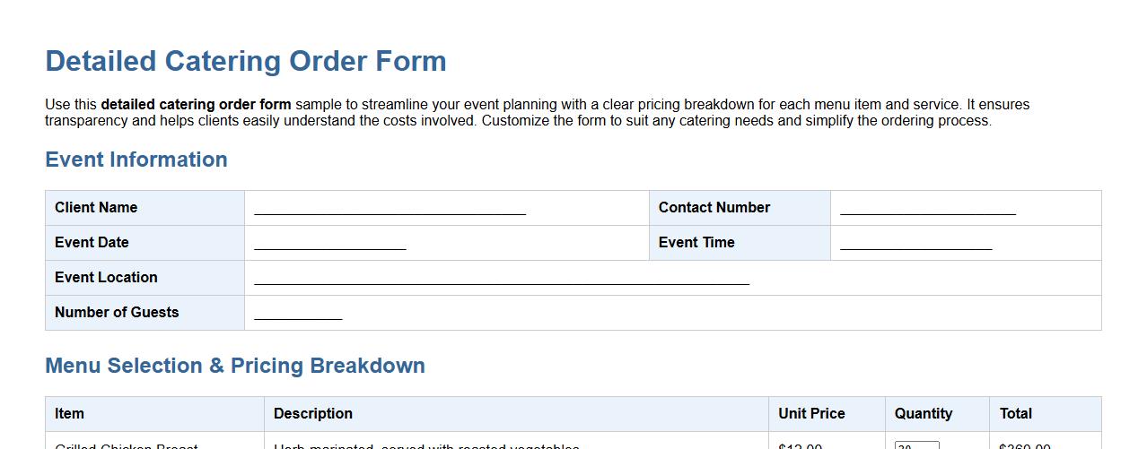 detailed catering order form sample with pricing breakdown image preview