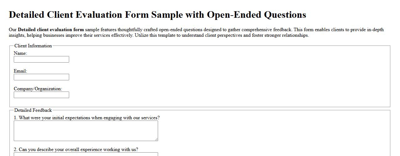 Detailed client evaluation form sample with open-ended questions image preview