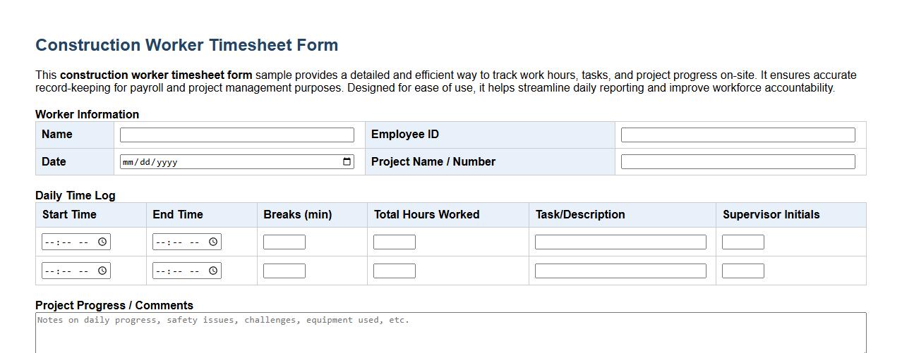 Detailed construction worker timesheet form sample image preview