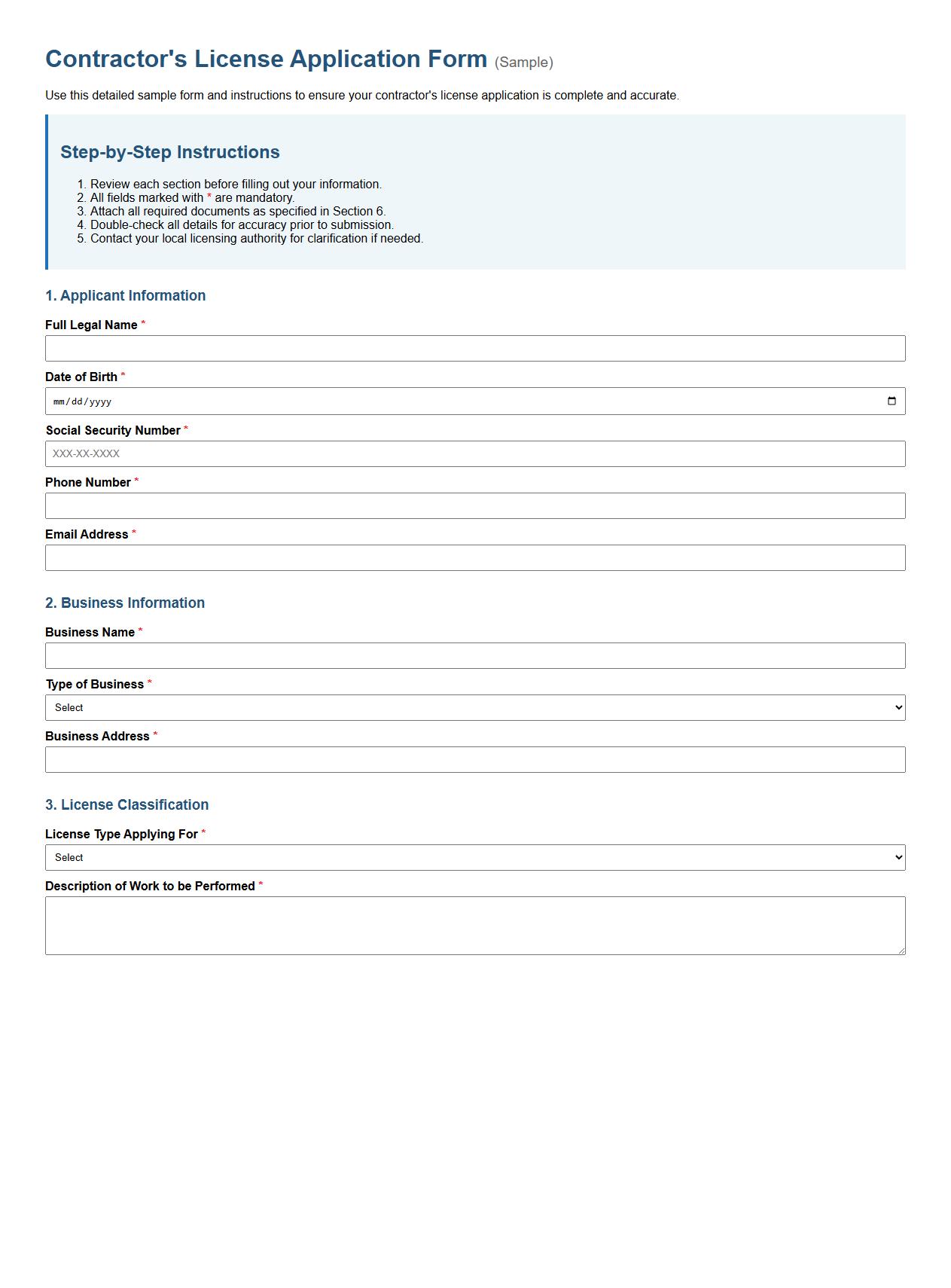 detailed contractor’s license application form sample with instructions image preview