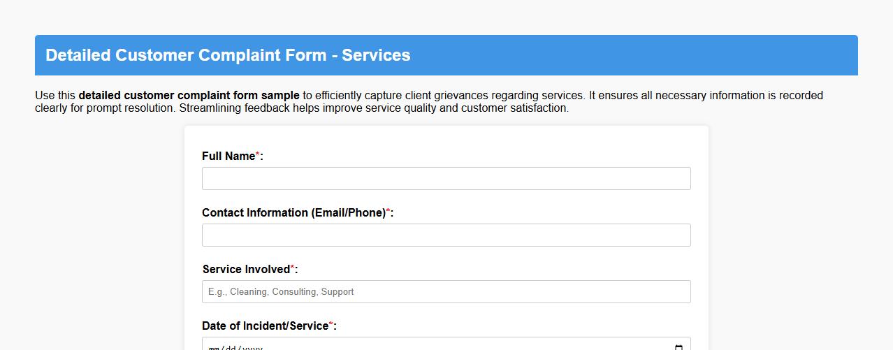 detailed customer complaint form sample for services image preview