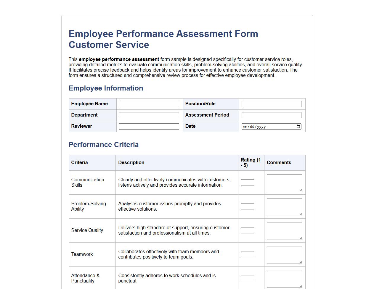 detailed employee performance assessment form sample for customer service image preview