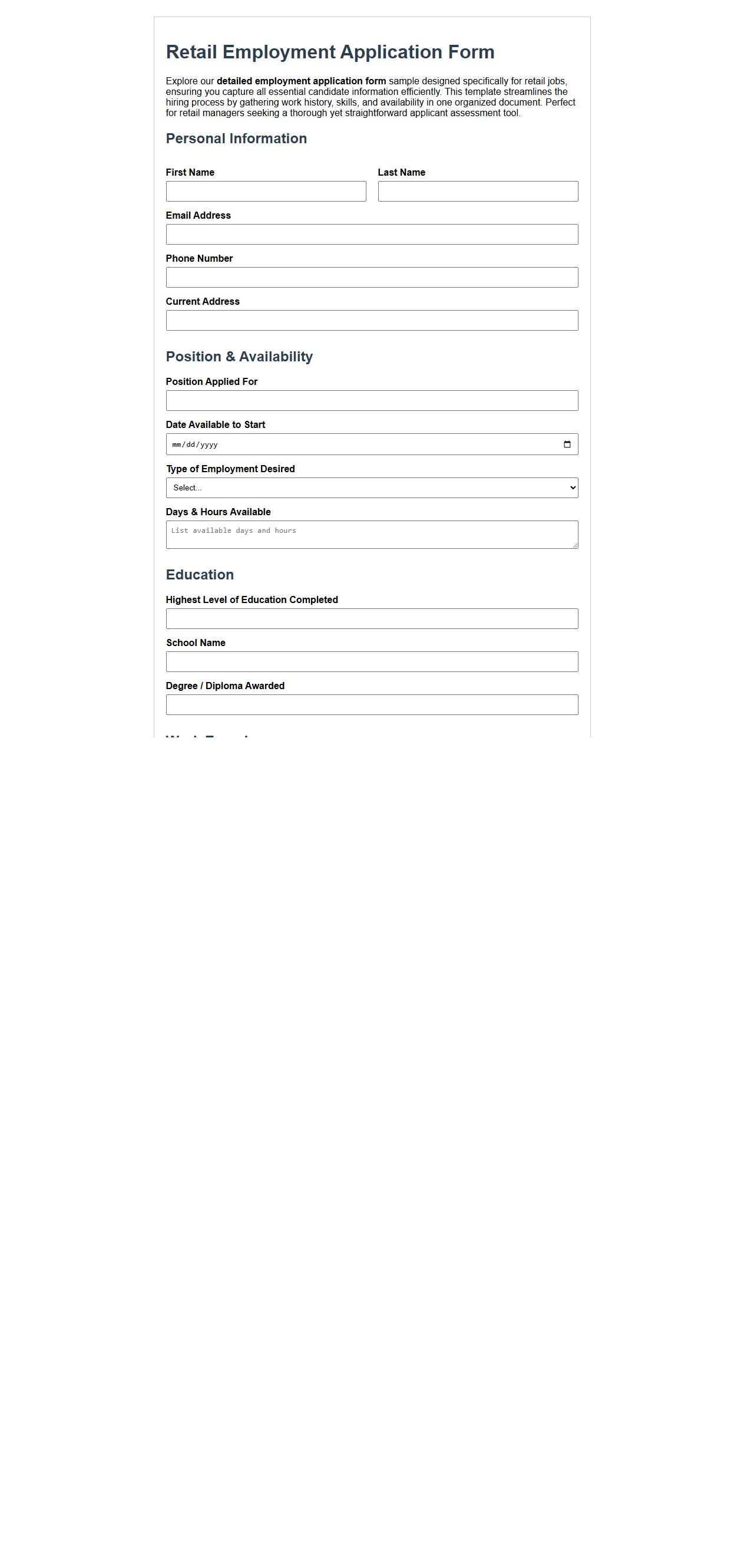 Detailed employment application form sample for retail jobs image preview