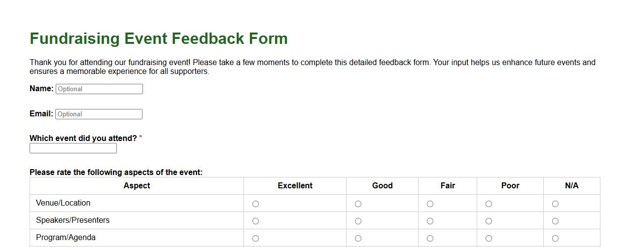 detailed event feedback form sample for fundraising events image preview