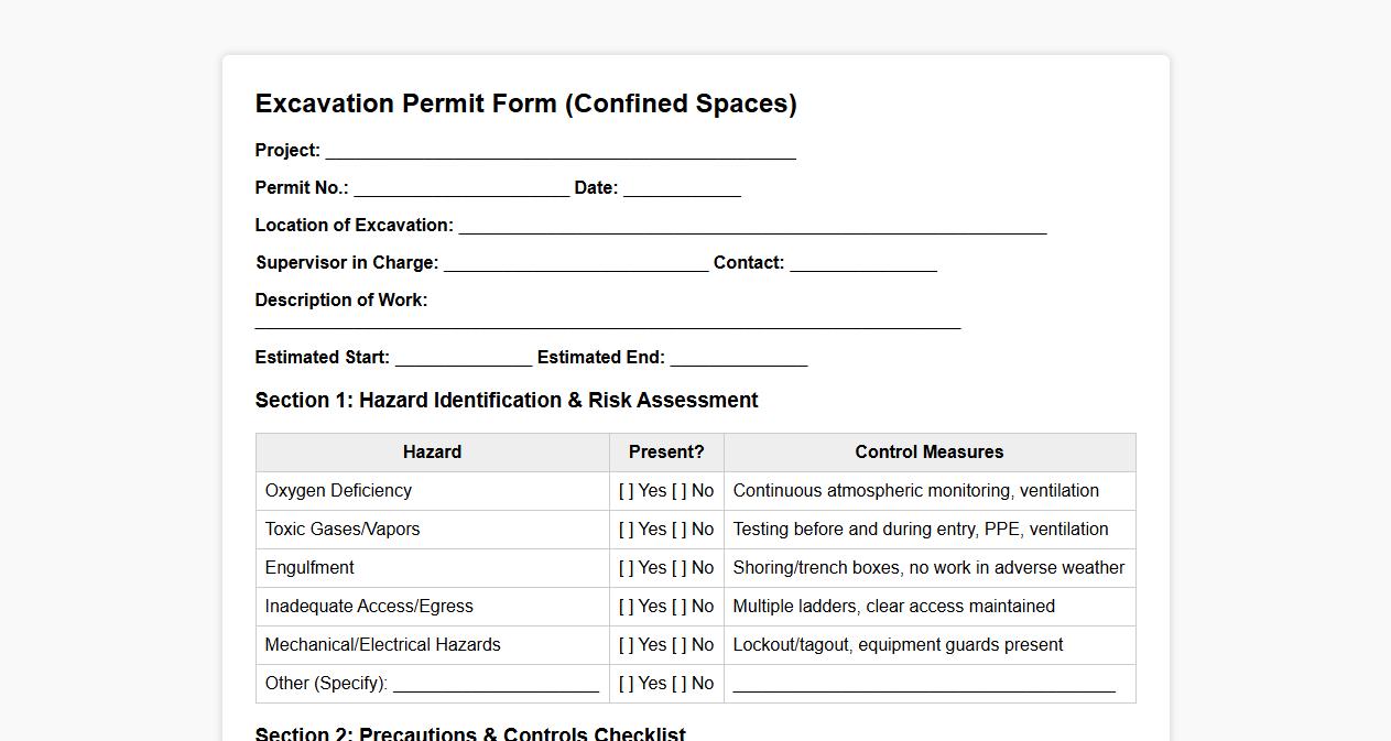 detailed excavation permit form sample for confined spaces image preview
