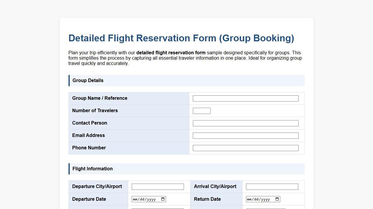 Detailed flight reservation form sample for groups image preview
