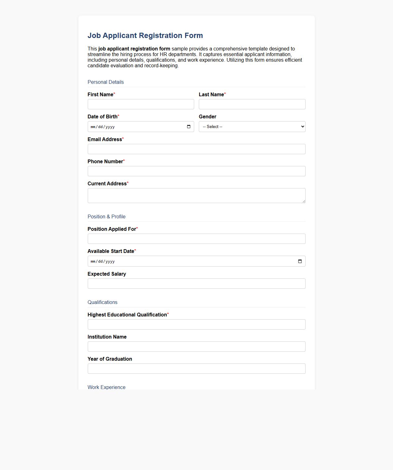 Detailed job applicant registration form sample for HR image preview