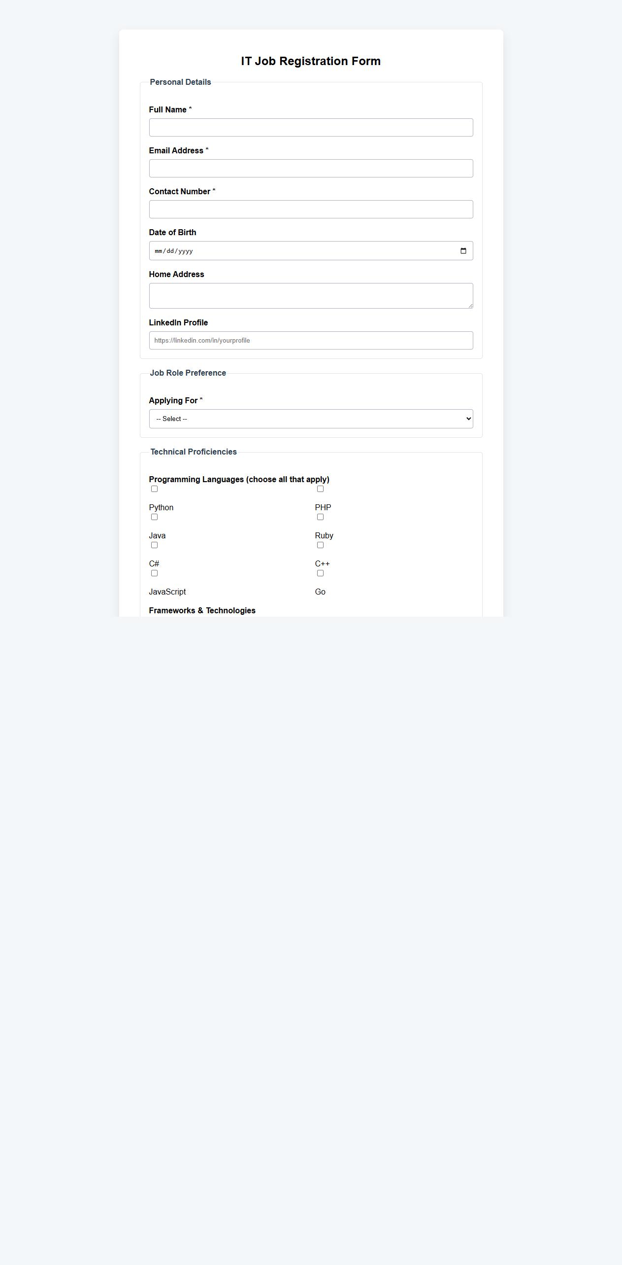 detailed job registration form sample for IT jobs image preview